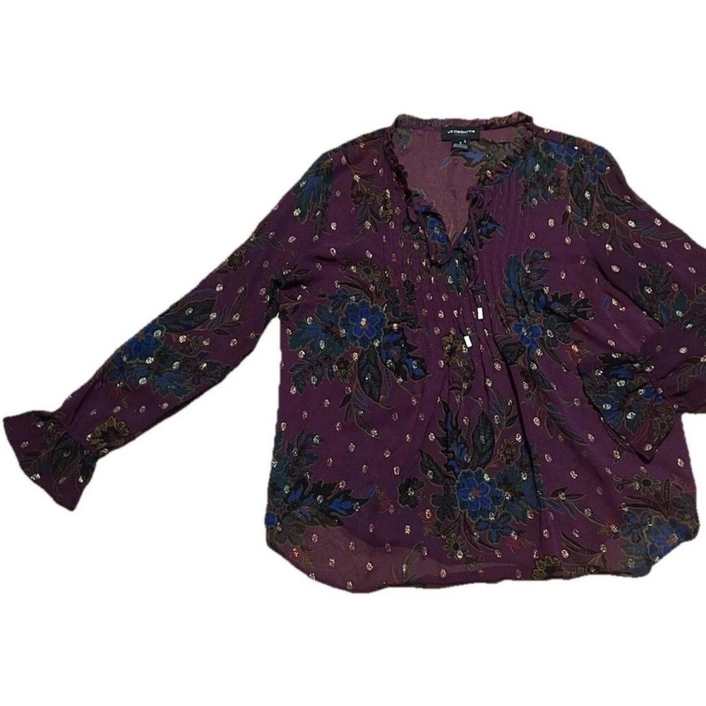 Liz Claiborne Top Womens S Mulberry Gold Sheer Floral Blouse Career Shirt